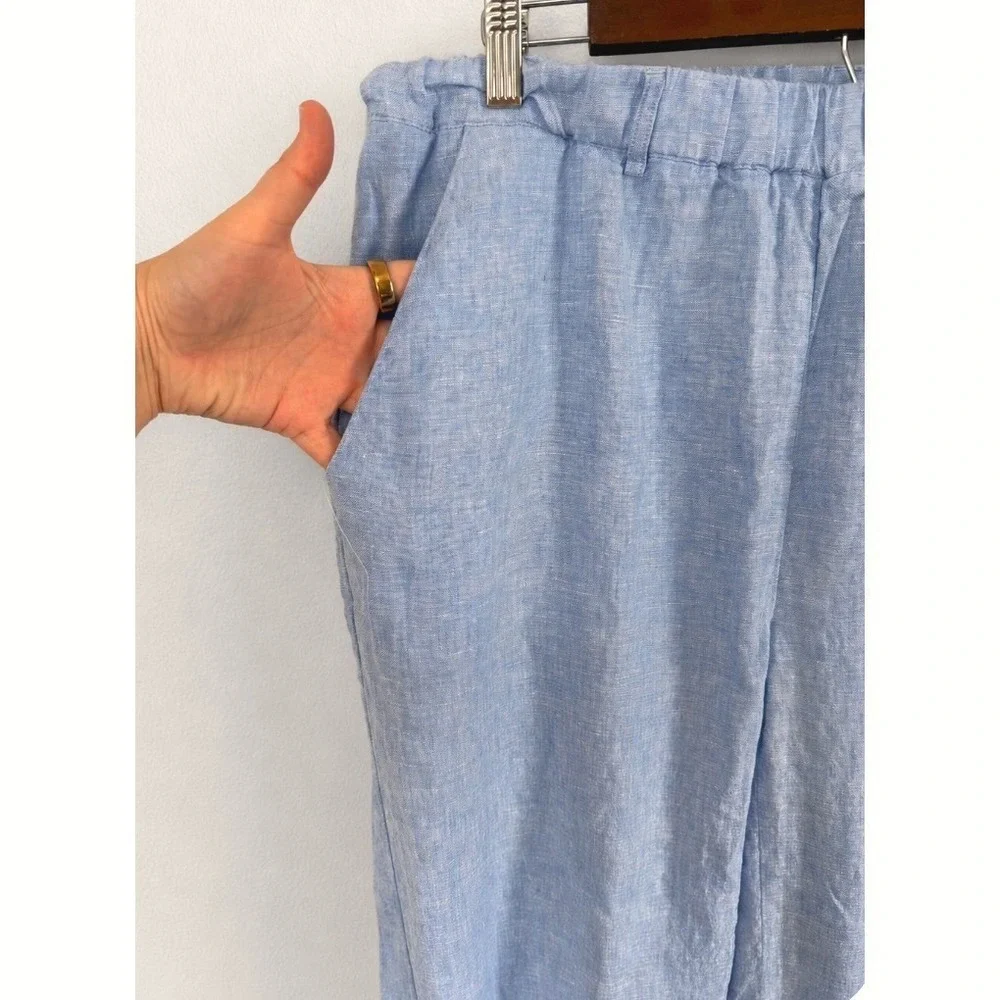 Quince French Blue 100% European Linen Straight Leg Elastic Waist Pants Sz L